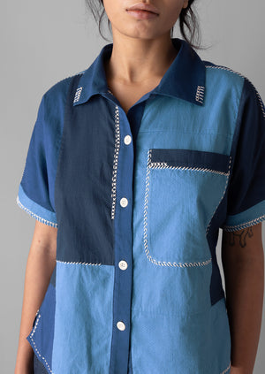 Hand Embroidered Cotton Patchwork Shirt | Mixed Blues