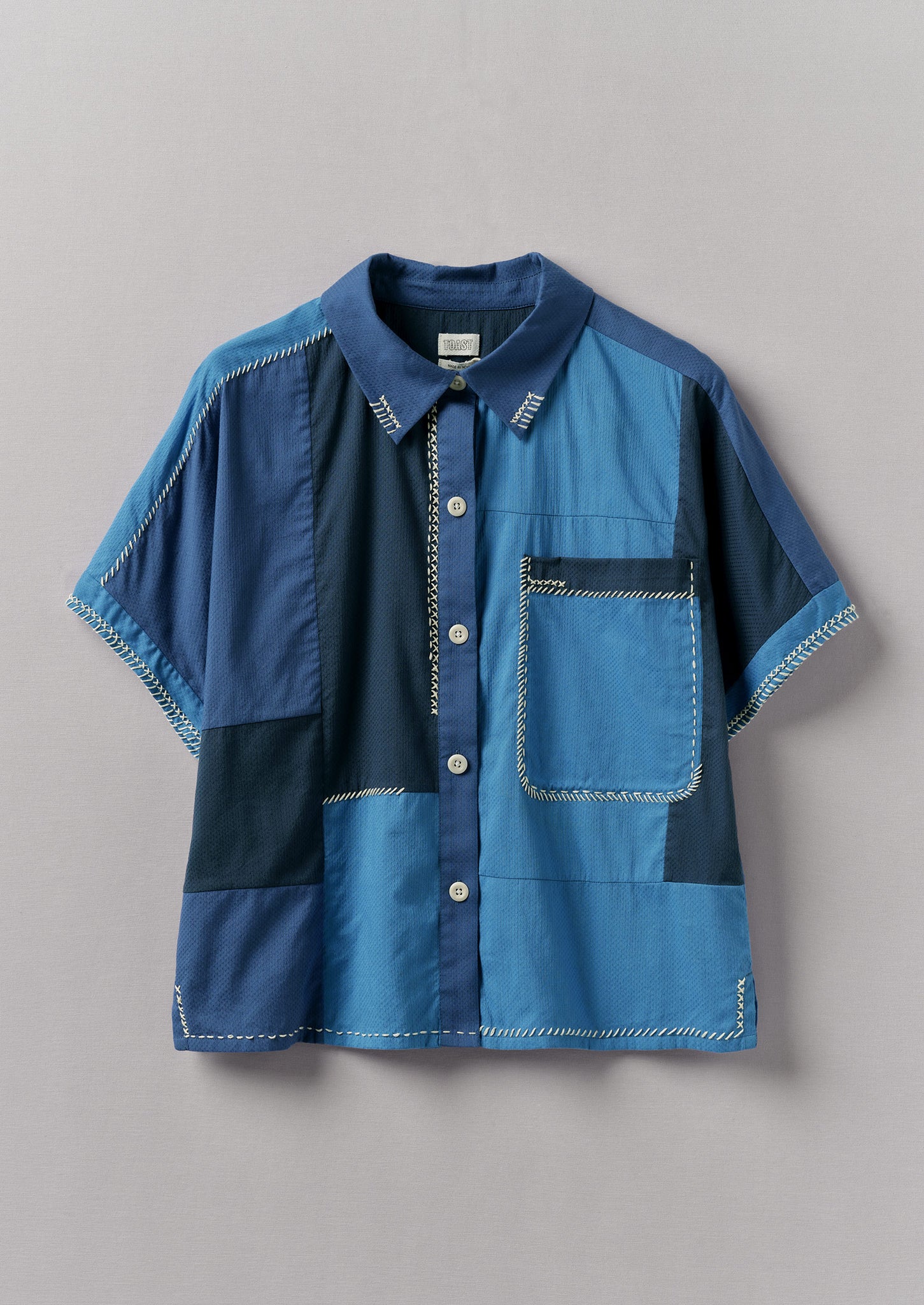 Hand Embroidered Cotton Patchwork Shirt | Mixed Blues