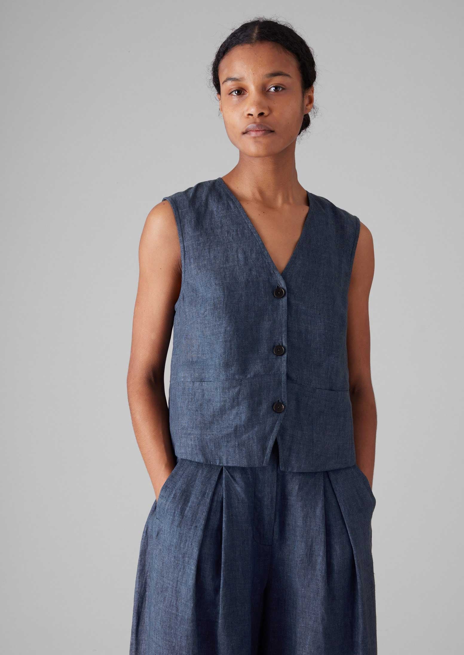 Linen Waistcoat Top | Denim Blue | TOAST