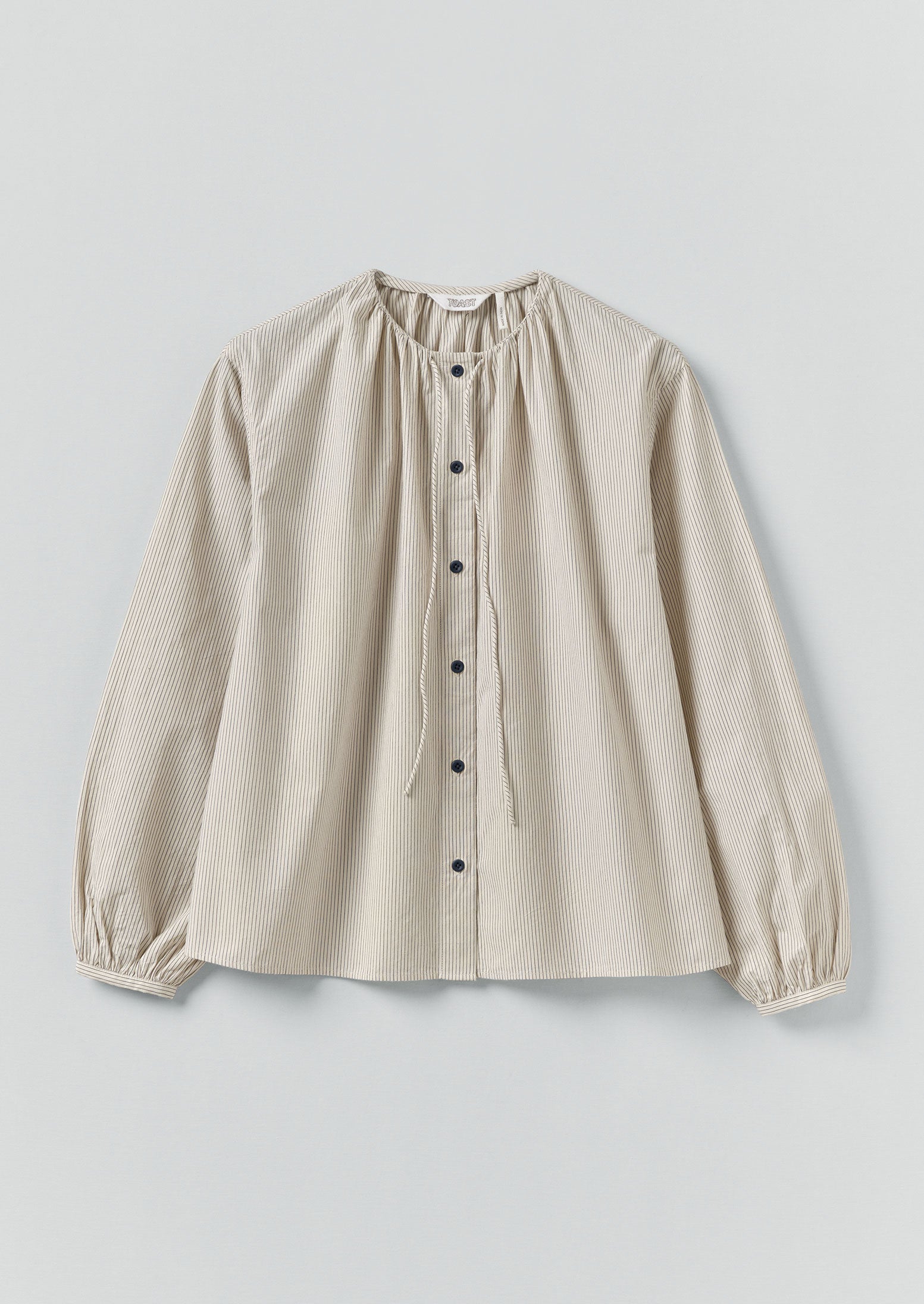 Gathered Neck Mini Stripe Shirt | Sunwashed Blue | TOAST
