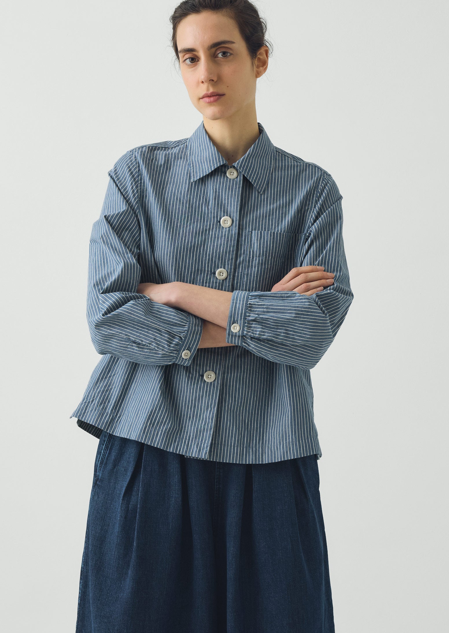 Baya Patch Pocket Stripe Cotton Shirt | Chambray Blue/Ecru
