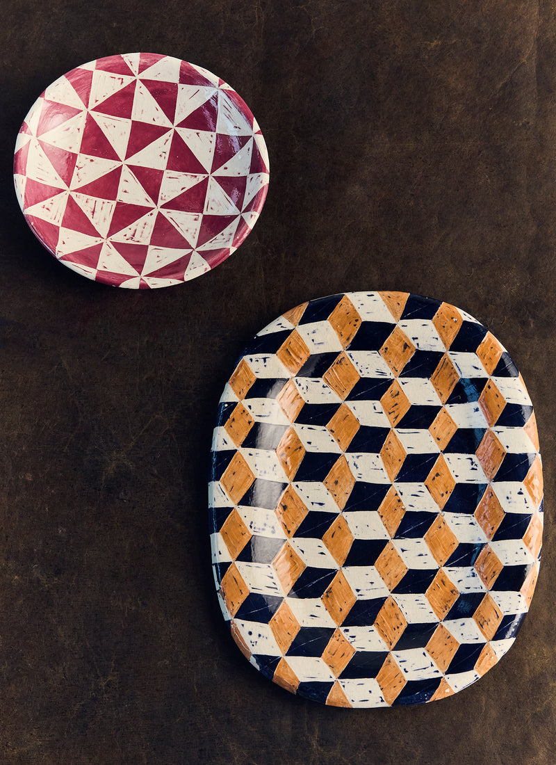 Hannah Watts Square Eyed Platter | Blue/Brick