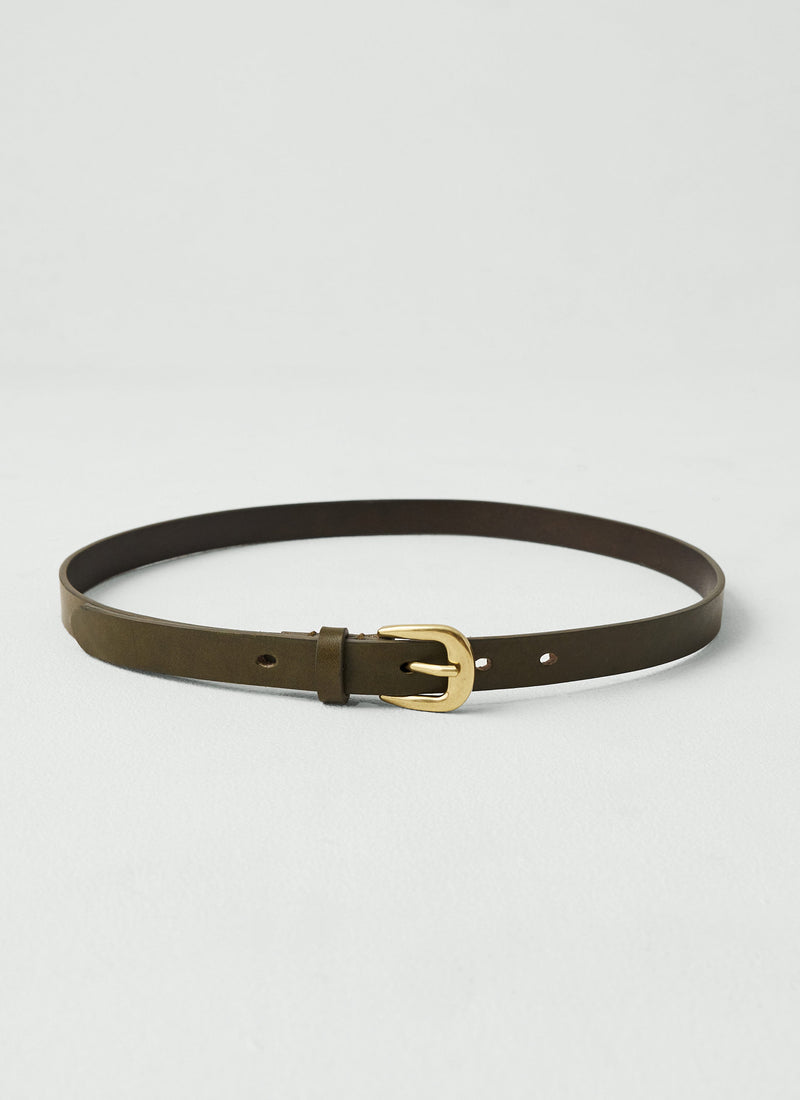 Slim Brass Buckle Leather Belt | Olive