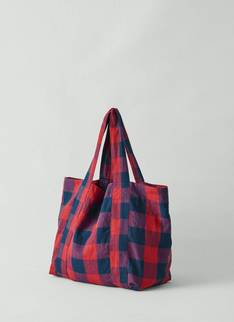 Gingham Check Linen Bag | Raspberry/Blue