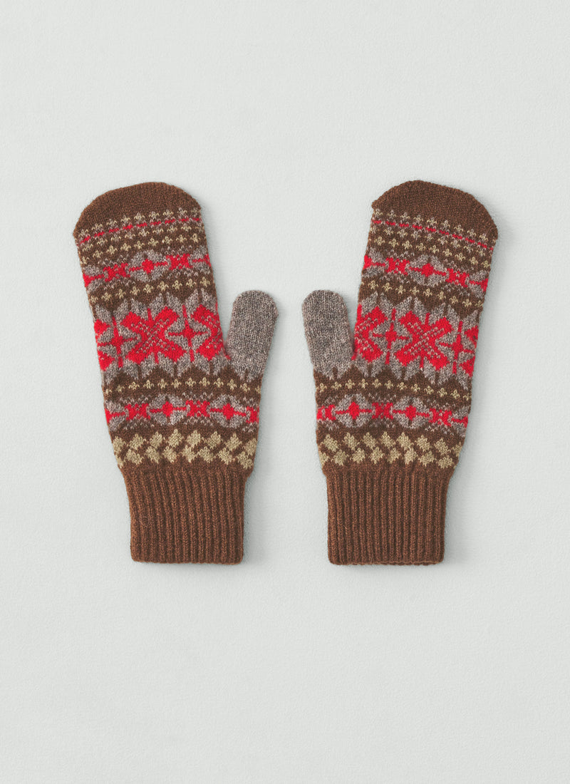Jacquard Wool Mittens | Brown Multi