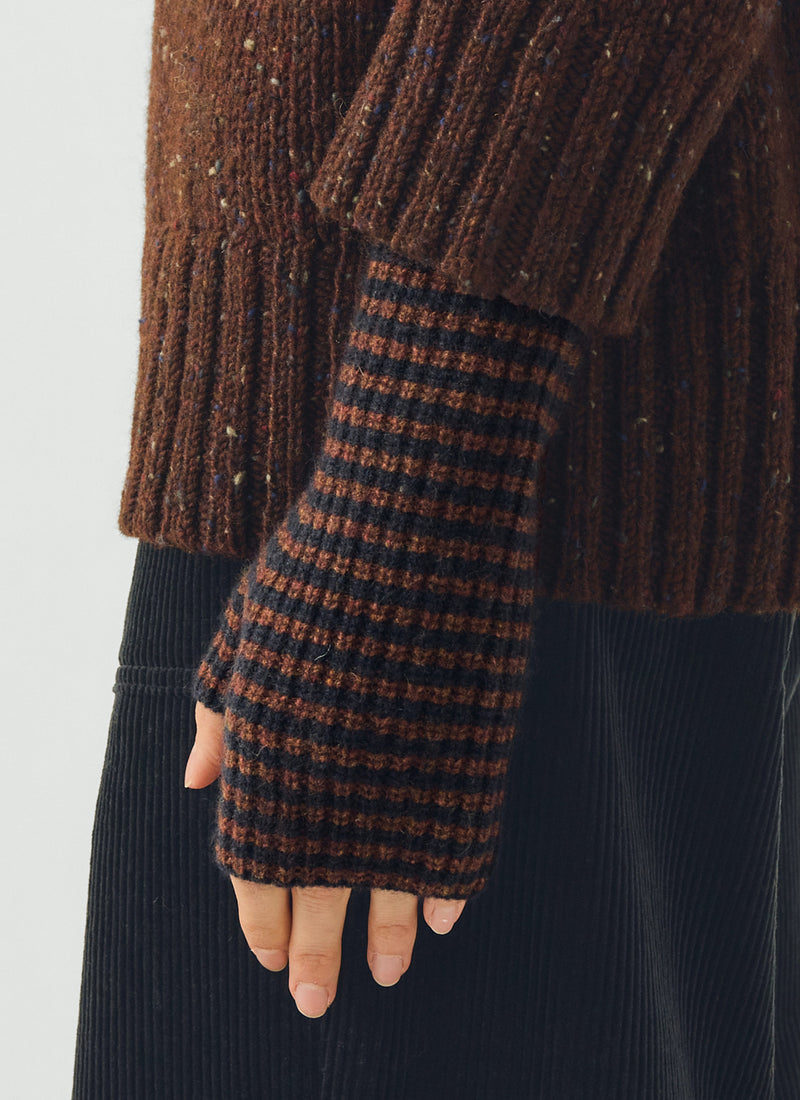 Stripe Wool Cashmere Fingerless Gloves | Navy/Pecan
