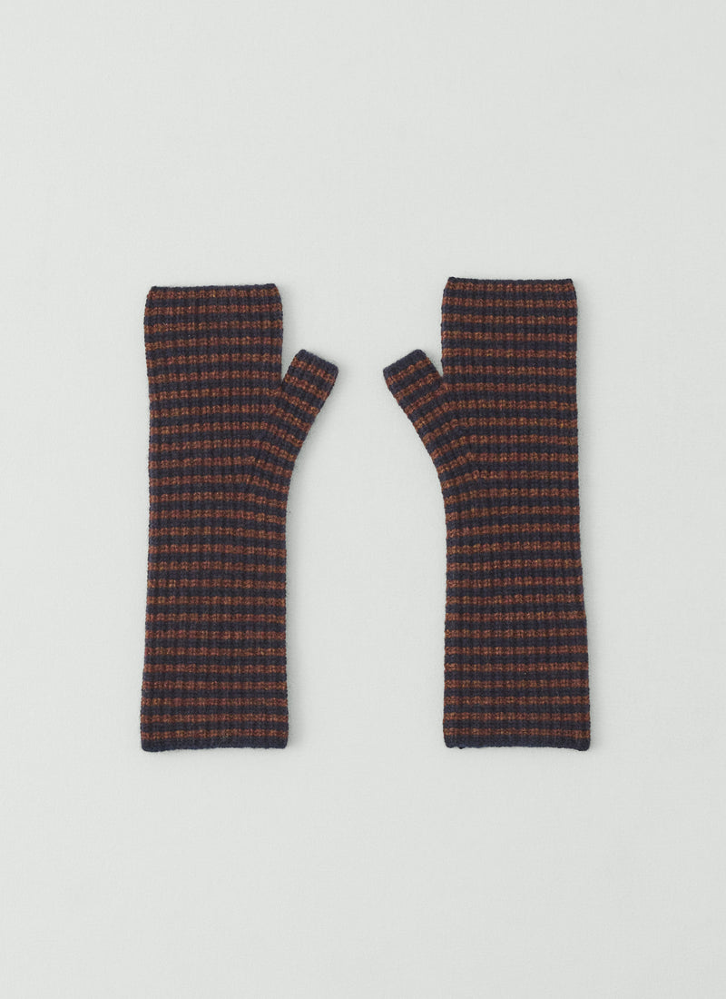 Stripe Wool Cashmere Fingerless Gloves | Navy/Pecan