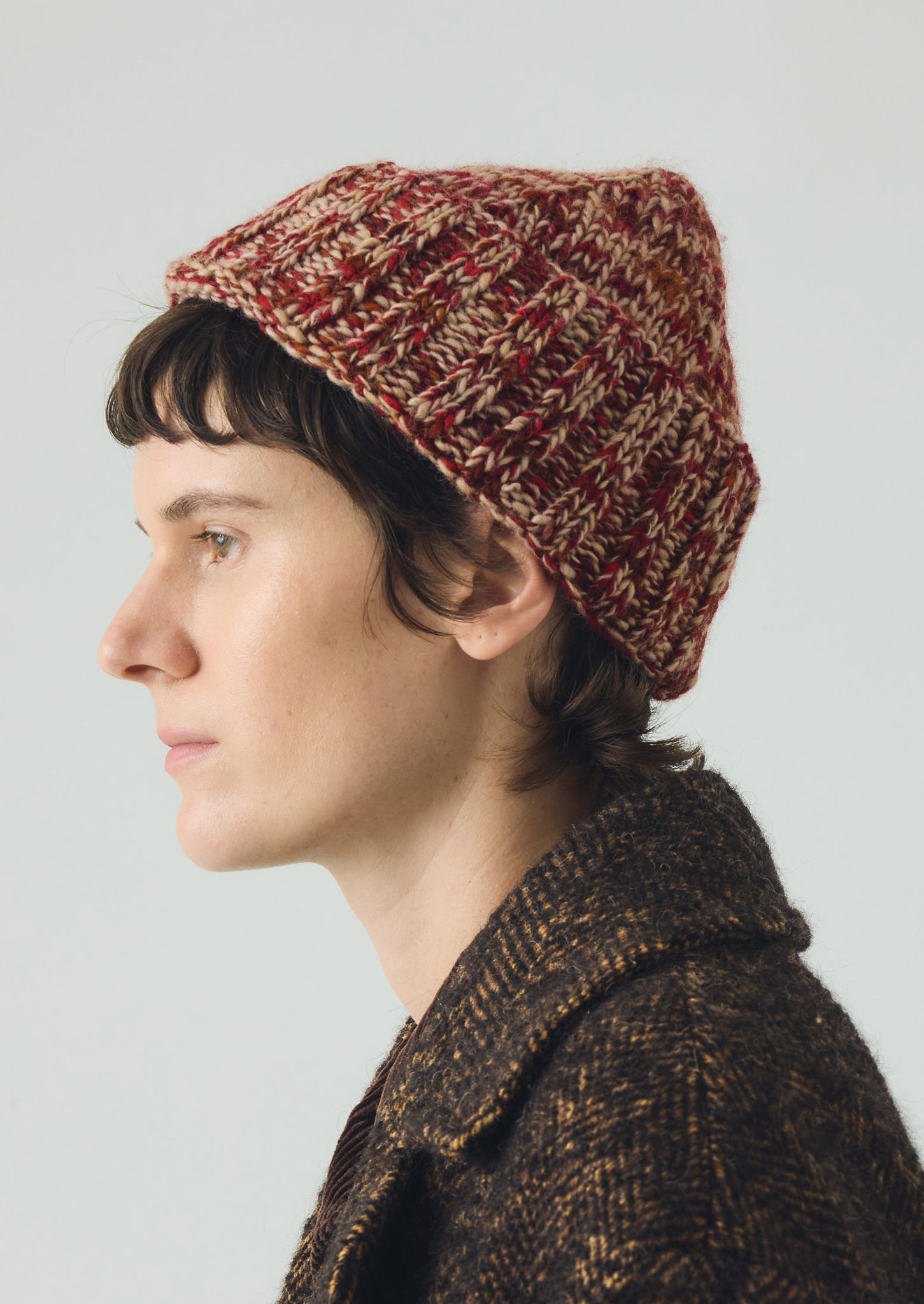 Hand Knitted Marl Beanie | Claret Red/Stone