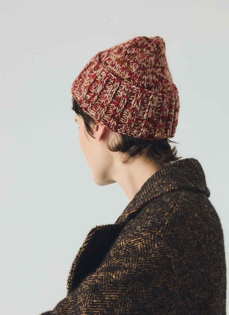 Hand Knitted Marl Beanie | Claret Red/Stone