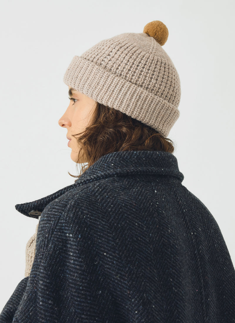 Waffle Stitch Bobble Wool Beanie | Biscuit