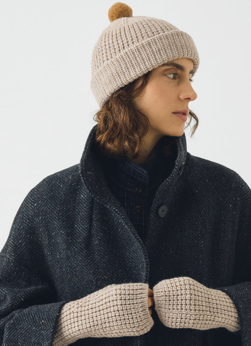 Waffle Stitch Bobble Wool Beanie | Biscuit