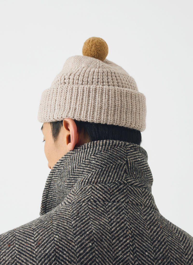 Waffle Stitch Bobble Wool Beanie | Biscuit
