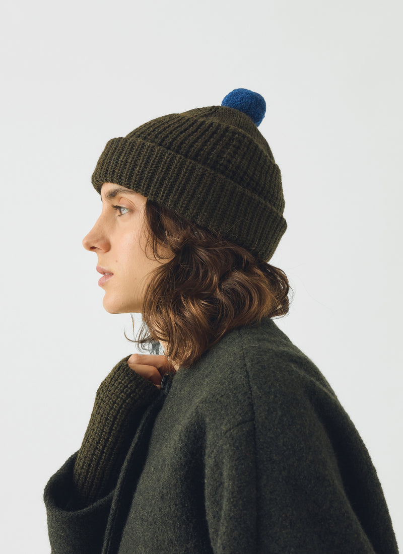 Waffle Stitch Wool Beanie | Dark Olive