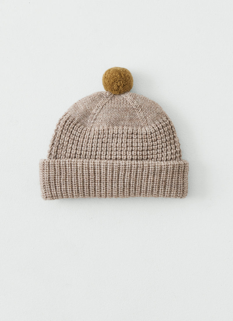 Waffle Stitch Bobble Wool Beanie | Biscuit