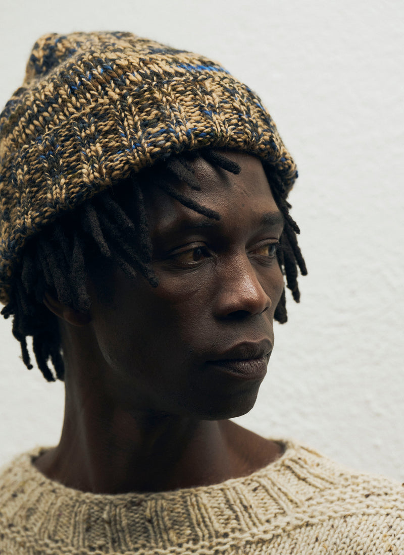 Hand Knitted Marl Beanie | Stone/Midnight