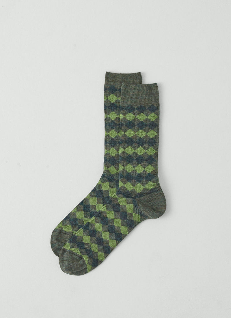 Diamond Patterned Wool Socks | Green Multi