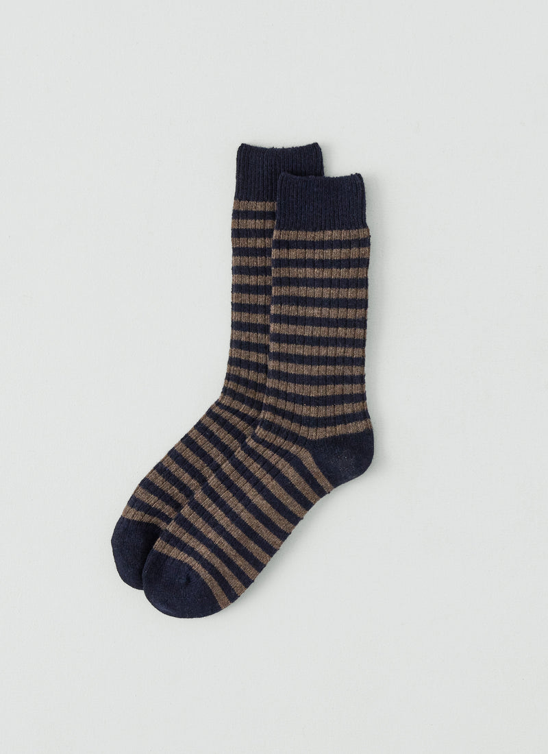 Stripe Wool Blend Socks | Navy/Walnut