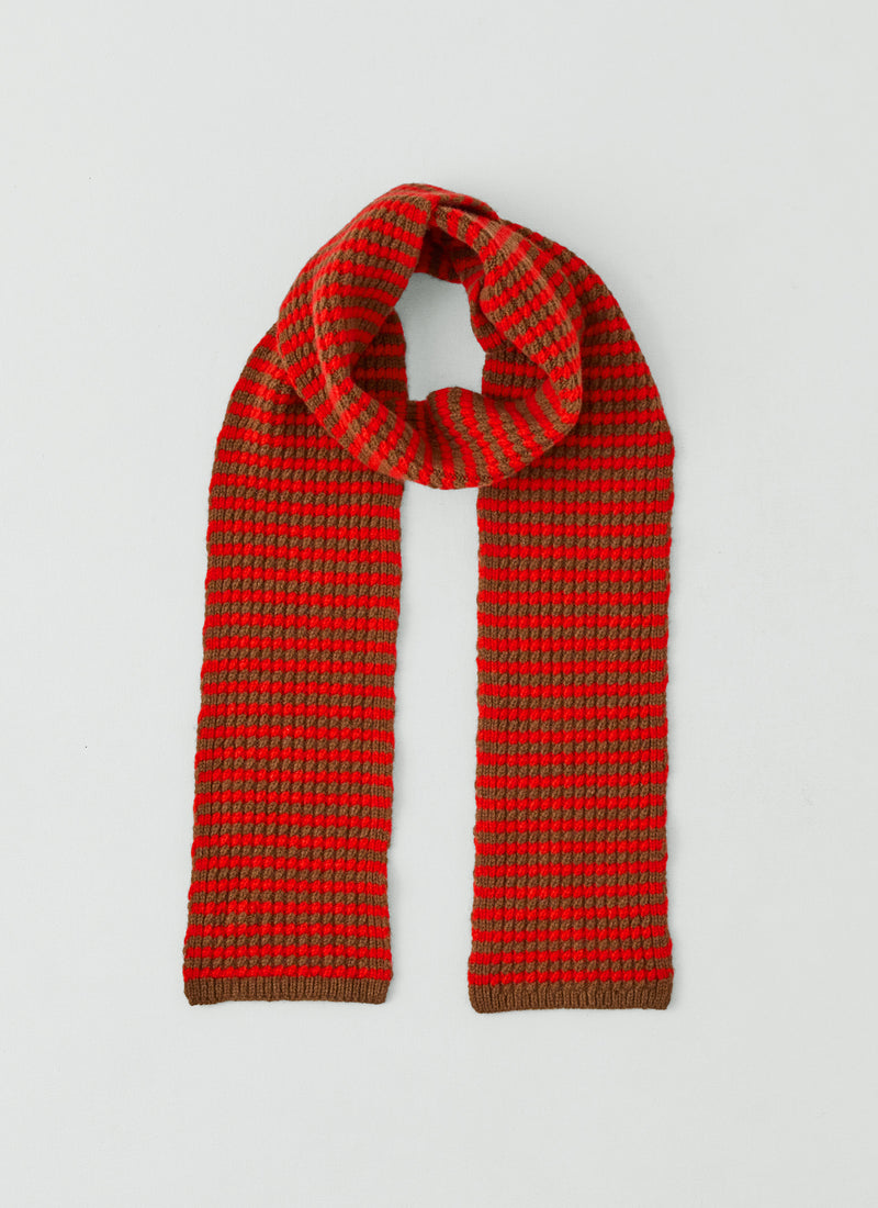 Micro Cable Striped Wool Scarf | Red/Pecan