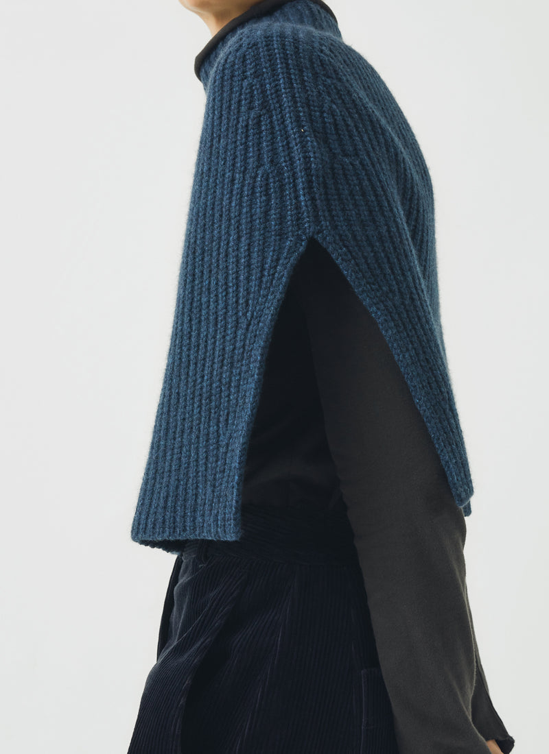 Ribbed Wool Cashmere Poncho | Navy Blue Melange