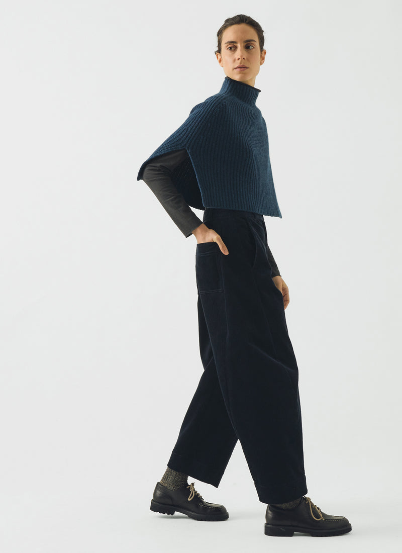 Ribbed Wool Cashmere Poncho | Navy Blue Melange