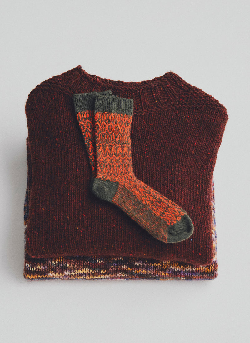 Diamond Jacquard Socks | Dark Green/Blood Orange