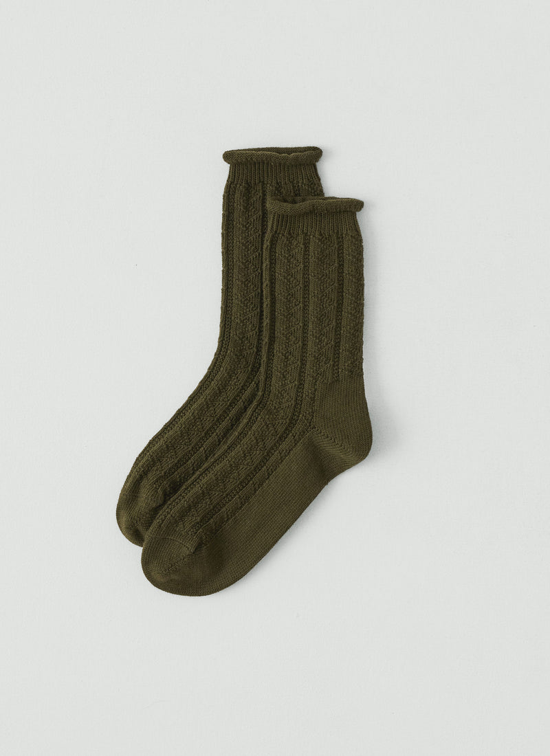 Guernsey Stitch Cotton Socks | Dark Khaki