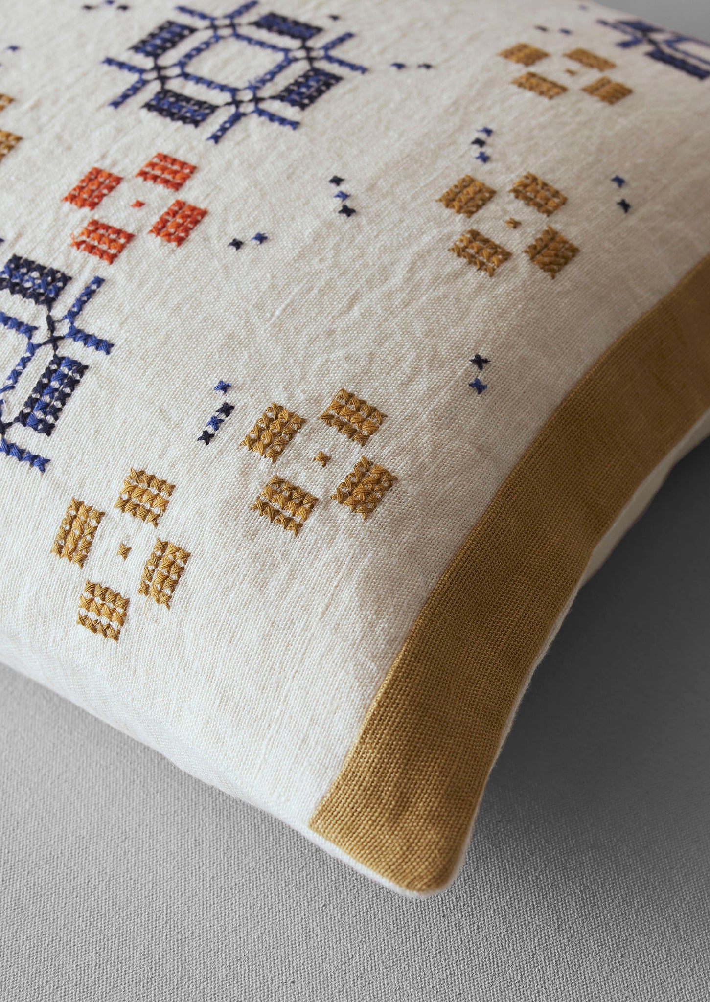 Cross Stitch Linen Cushion Cover | Ochre/Duffle Blue