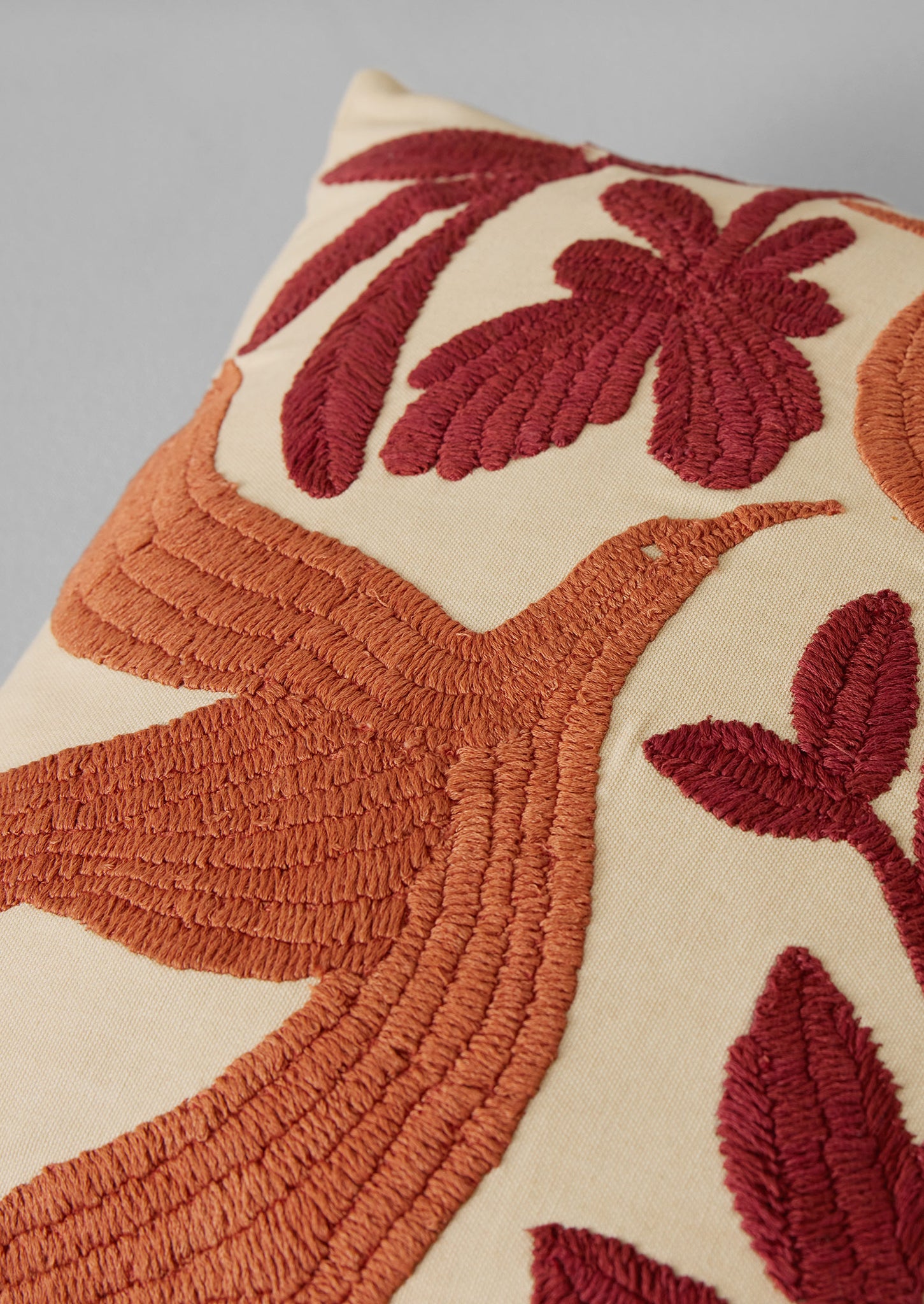 Embroidered Lark Cushion Cover | Sandstone/Burnt Sienna