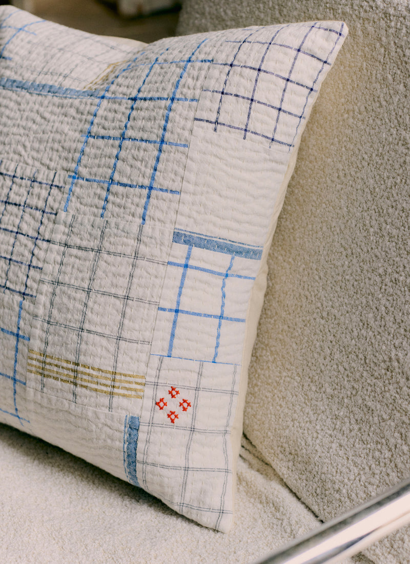Tea Towel Check Patchwork Cushion Cover | Ecru/Multi