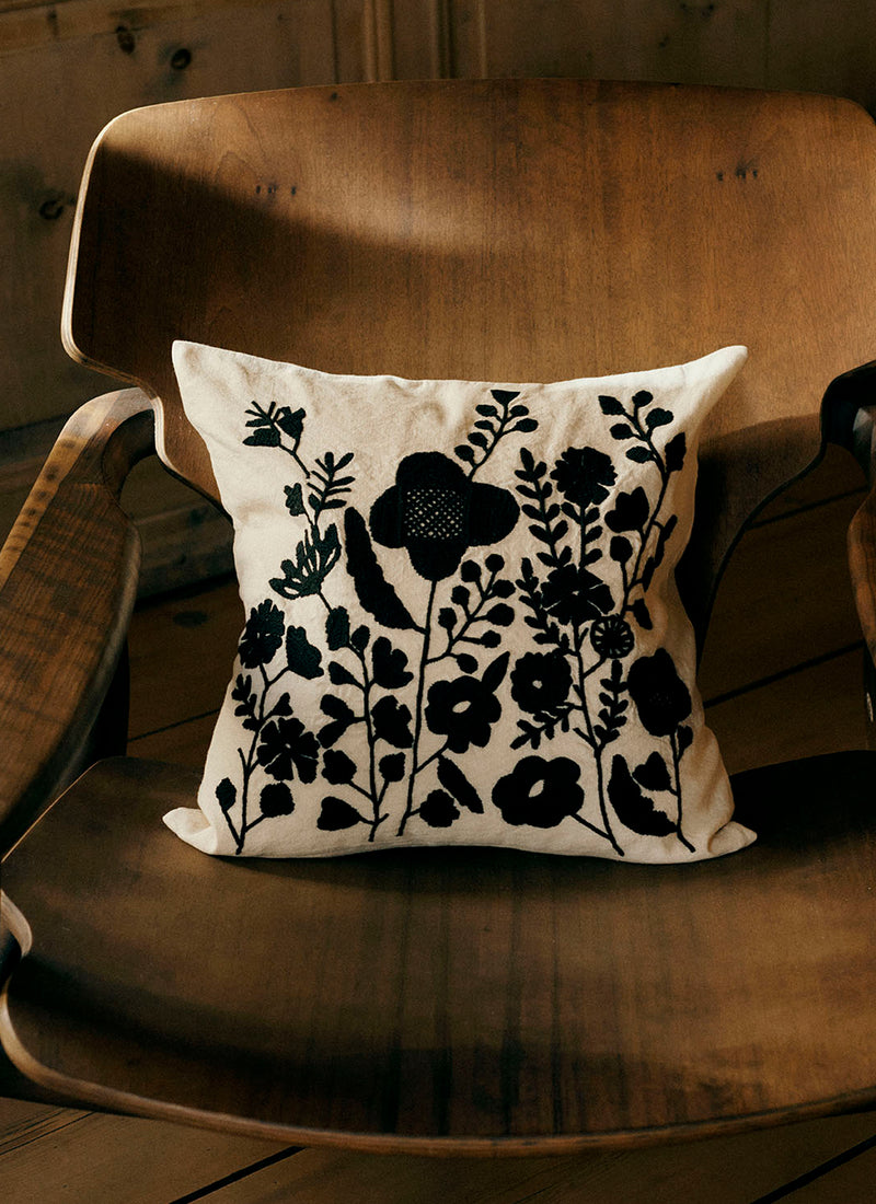 Floral Folk Embroidered Cushion Cover | Cream/Kohl