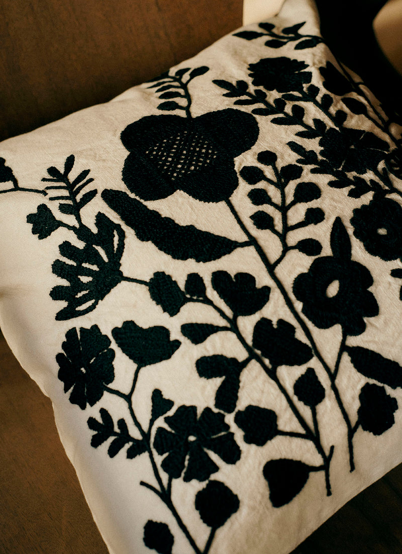 Floral Folk Embroidered Cushion Cover | Cream/Kohl