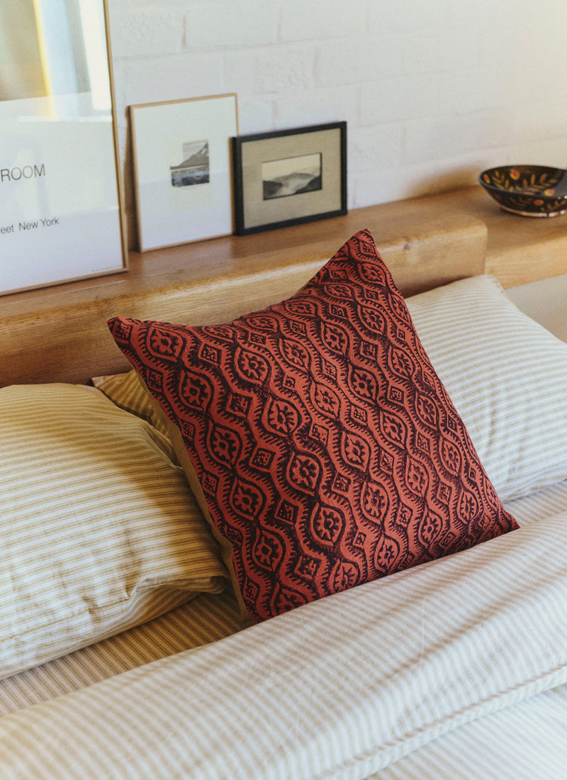 Peggy Angus Small Damask Block Print Cushion Cover | Terracotta/Mulberry