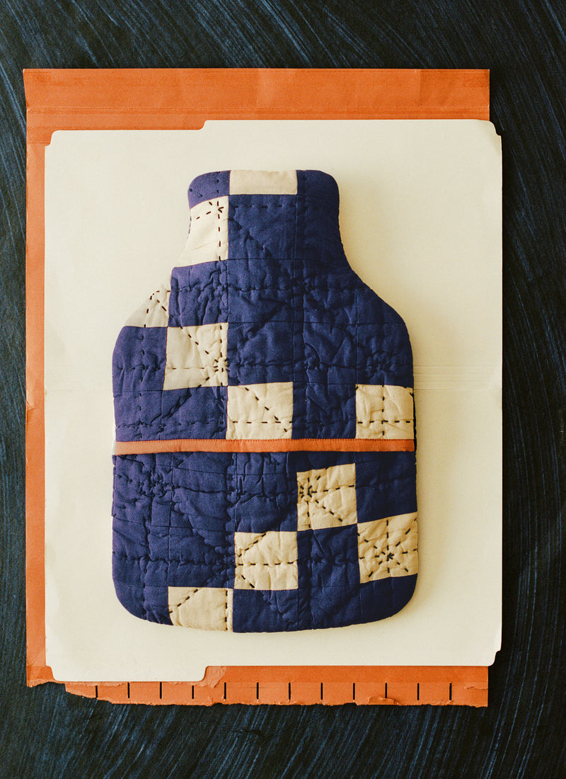 Trellis Patchwork Hot Water Bottle Cover | Deep Blue/Ecru