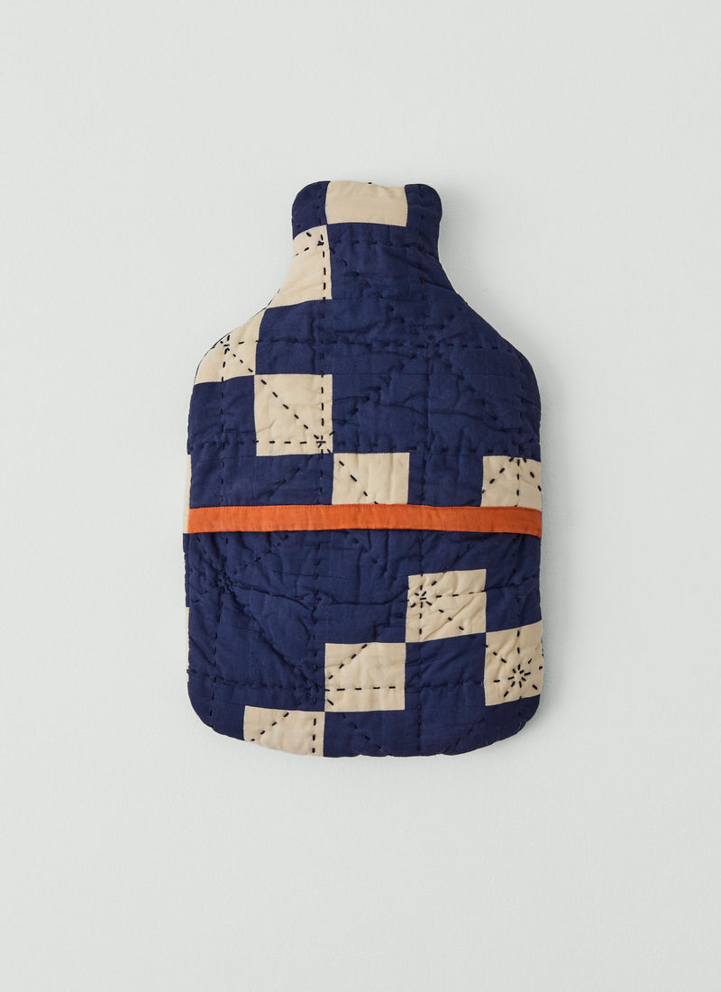 Trellis Patchwork Hot Water Bottle Cover | Deep Blue/Ecru