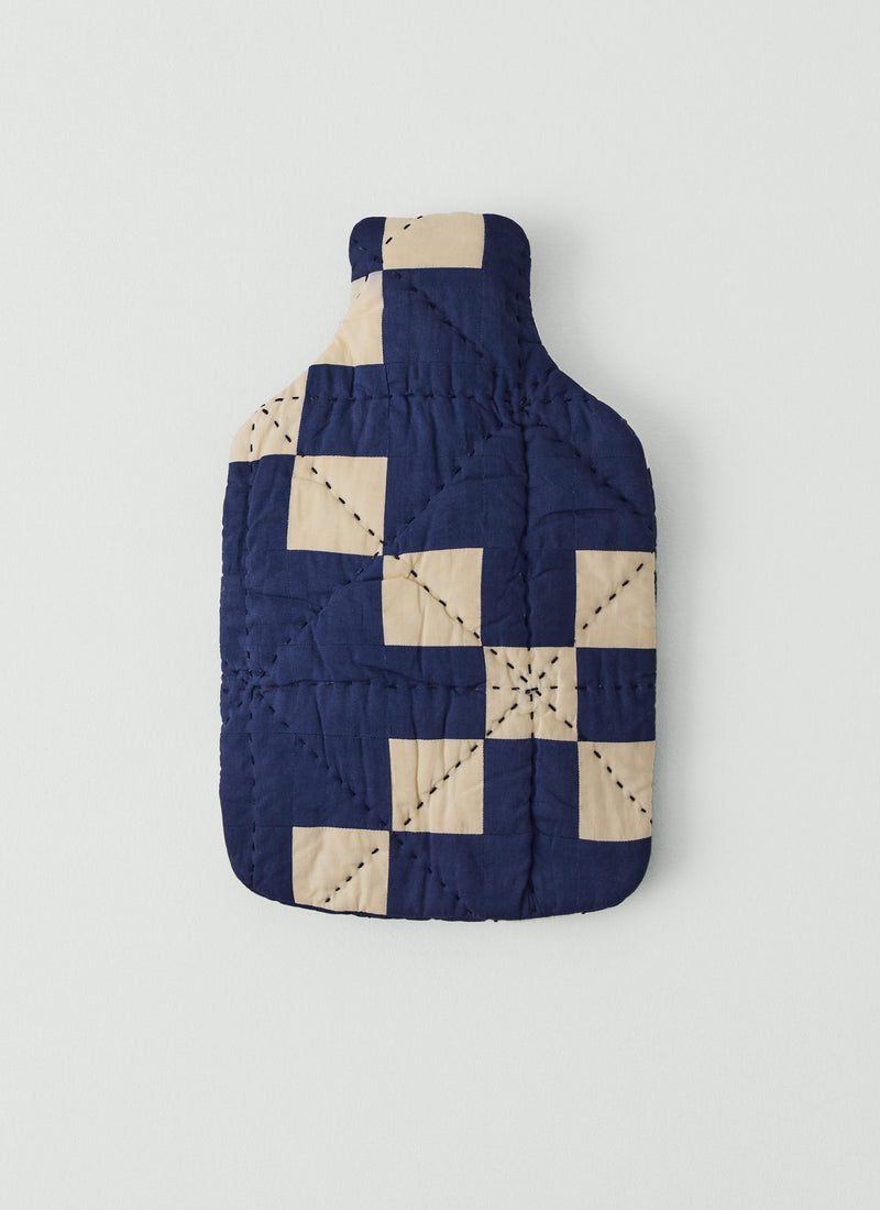 Trellis Patchwork Hot Water Bottle Cover | Deep Blue/Ecru