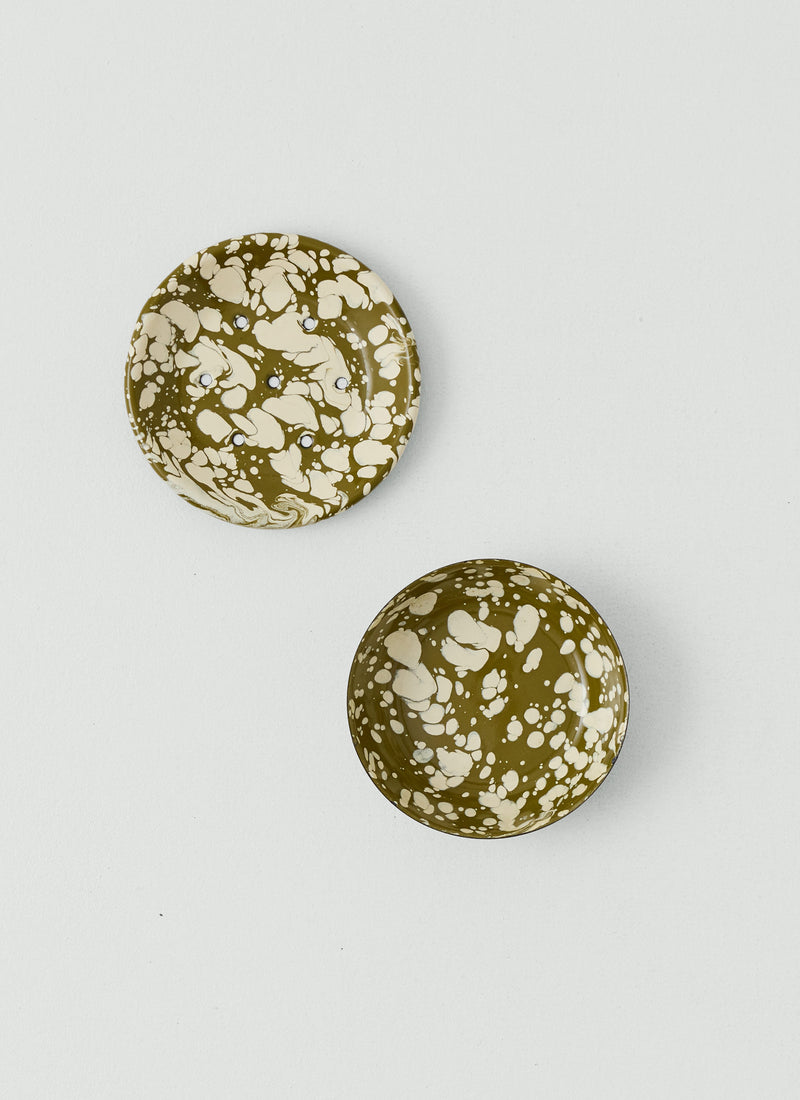 Splatter Enamel Soap Dish | Olive/Ecru