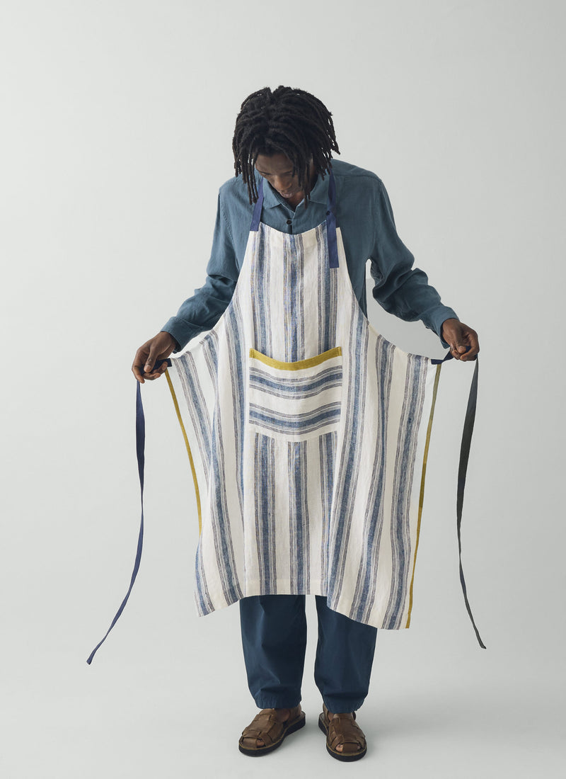 Chef Stripe Linen Apron | Ecru/Multi Blue