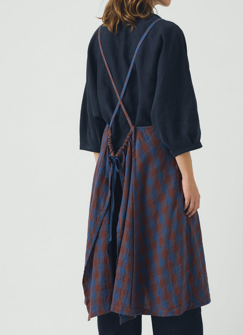 Orchard Check Cross Back Linen Cotton Apron | Brown Ochre/Dark Cornflower
