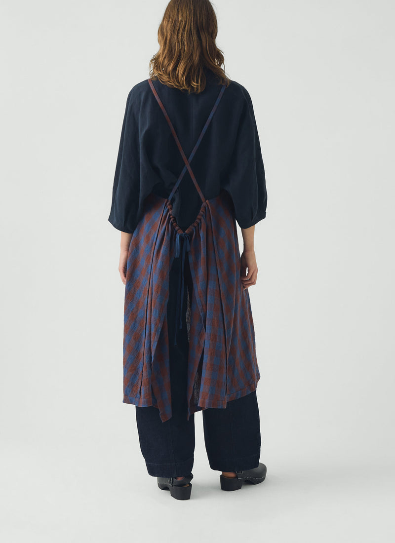 Orchard Check Cross Back Linen Cotton Apron | Brown Ochre/Dark Cornflower