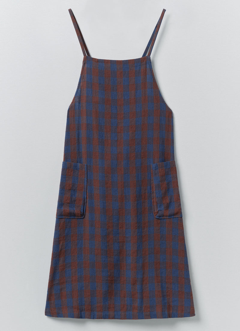 Orchard Check Cross Back Linen Cotton Apron | Brown Ochre/Dark Cornflower