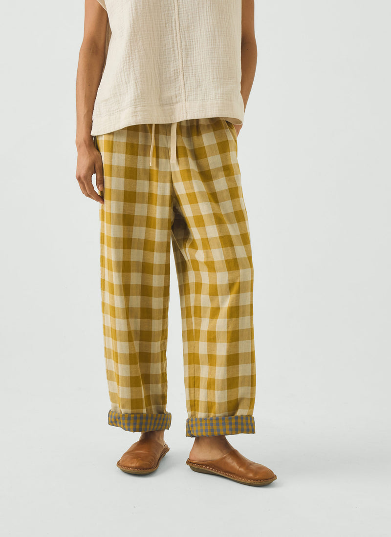 Gingham Faced Cotton Pyjama Trousers | Golden Ochre/Washed Hyacinth
