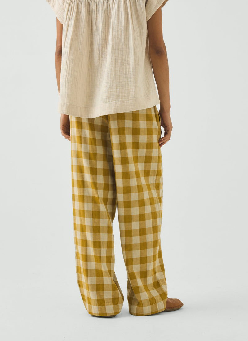 Gingham Faced Cotton Pyjama Trousers | Golden Ochre/Washed Hyacinth