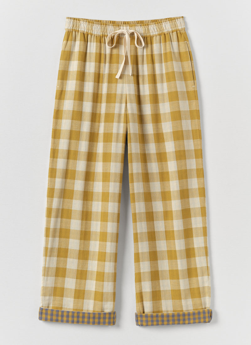 Gingham Faced Cotton Pyjama Trousers | Golden Ochre/Washed Hyacinth