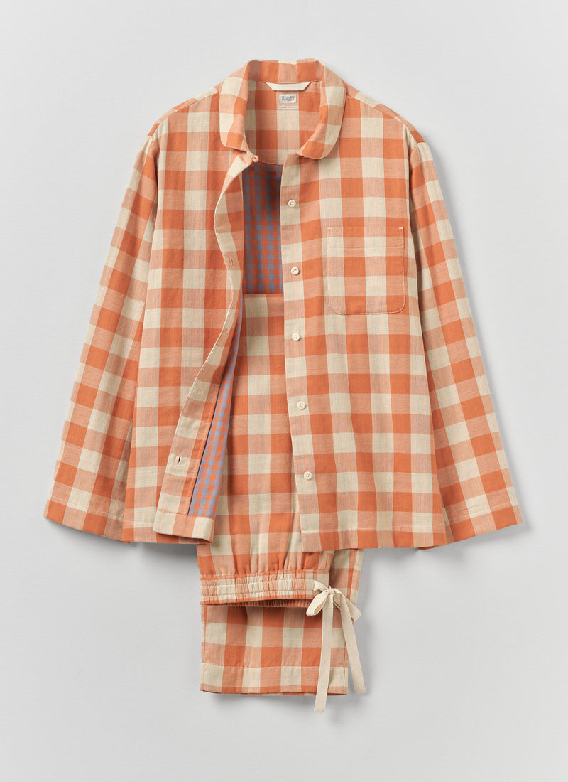 Gingham Face Cotton Pyjamas | Coral/Sky Blue