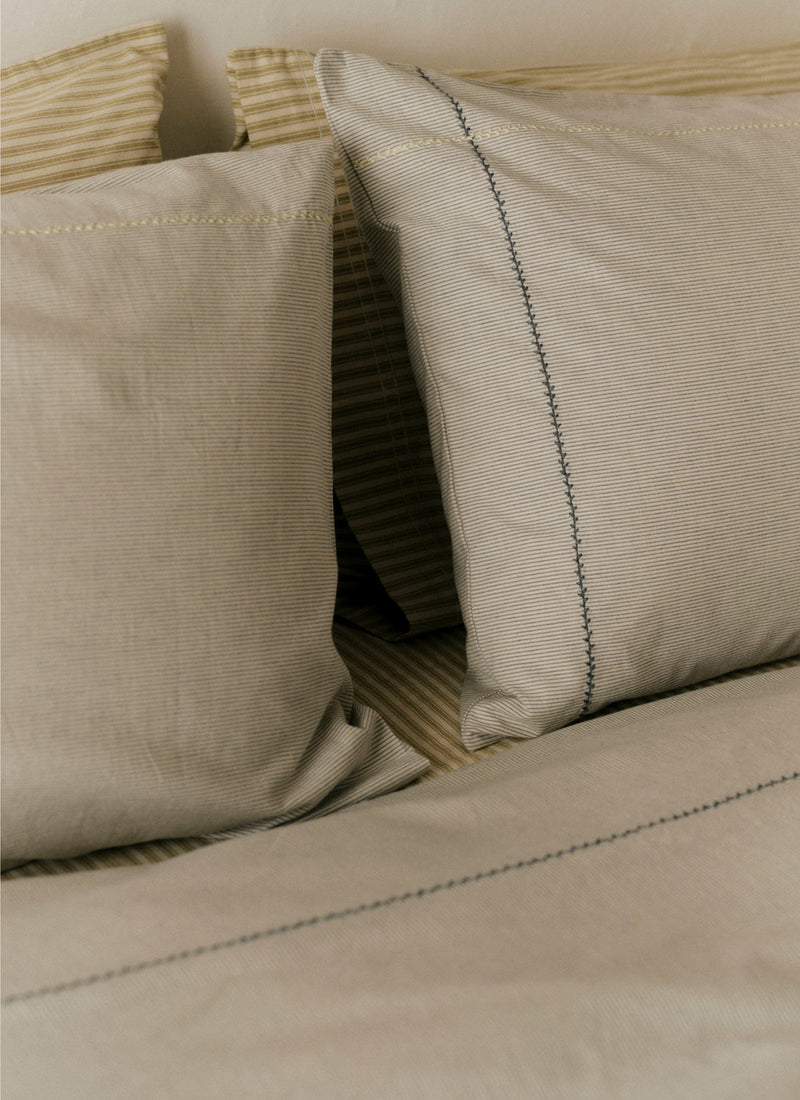 Fine Stripe Cotton Housewife Pillowcase | Ecru/Smoke Blue
