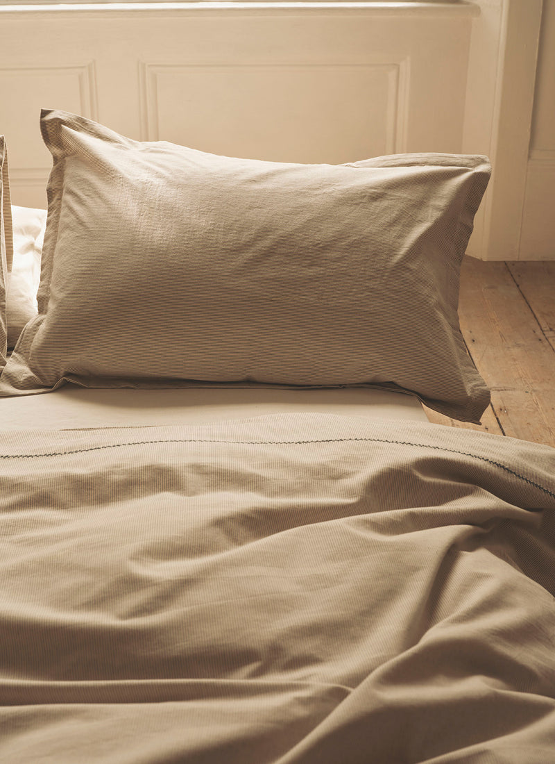 Fine Stripe Cotton Oxford Pillowcase Set | Ecru/Smoke Blue