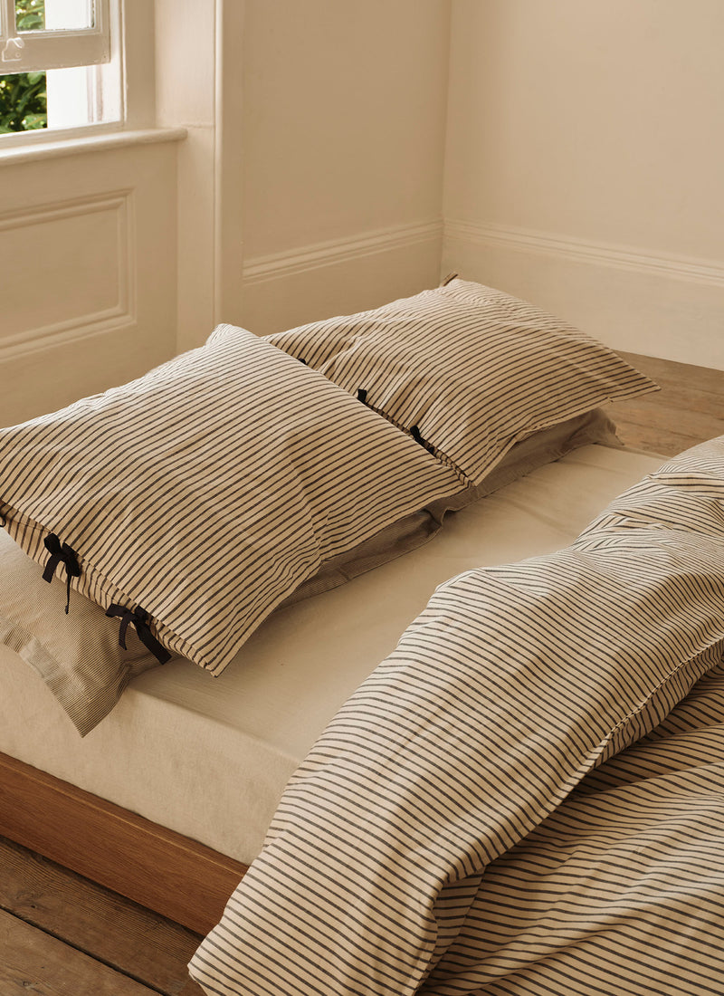 Pyjama Stripe Cotton Housewife Pillowcase | Navy/Ecru