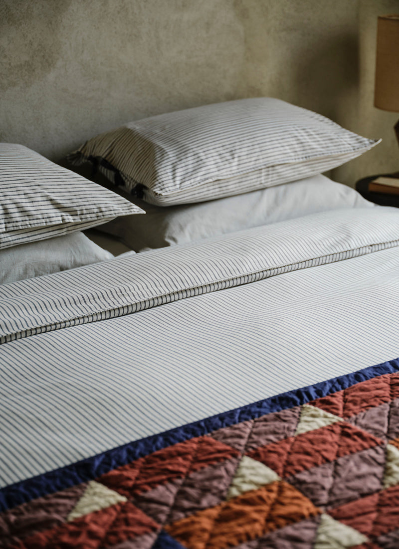 Pyjama Stripe Cotton Housewife Pillowcase | Navy/Ecru