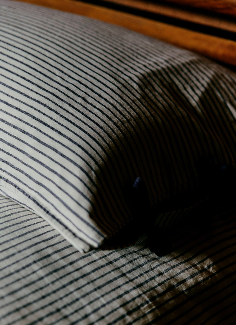 Pyjama Stripe Cotton Housewife Pillowcase | Navy/Ecru