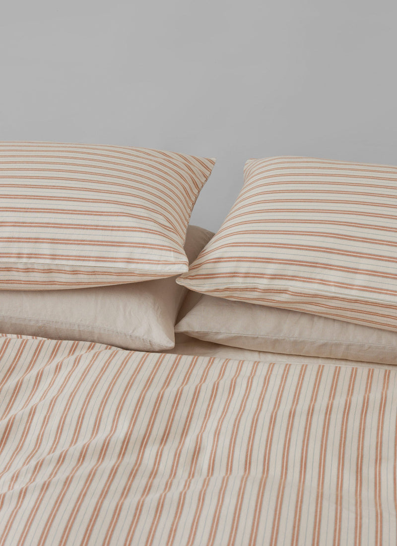 Ines Stripe Cotton Flannel Housewife Pillowcase Set | Apricot/Soft Blue